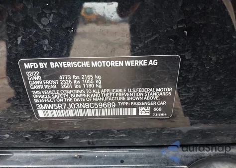 2022 BMW 330Xi из США, поврежденный, VIN 3MW5R7J03N8C59689